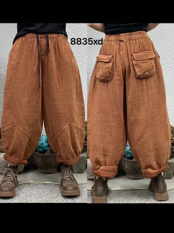 Ženske lantern hlače s višebojnim pranjem, duljina 9/10, elastični pojas, opušten kroj, vintage retro stil, plus veličina, model 8835, proljeće 2025.