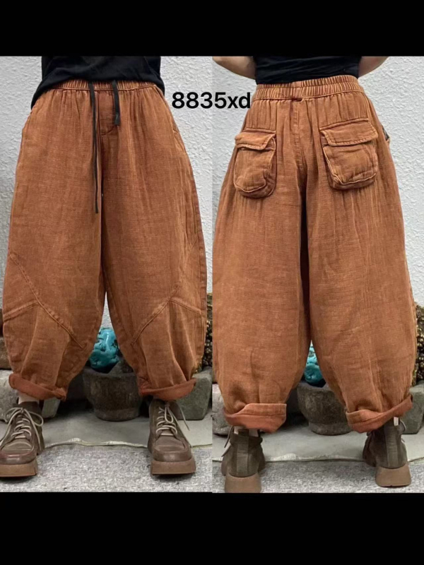 Ženske lantern hlače s višebojnim pranjem, duljina 9/10, elastični pojas, opušten kroj, vintage retro stil, plus veličina, model 8835, proljeće 2025.