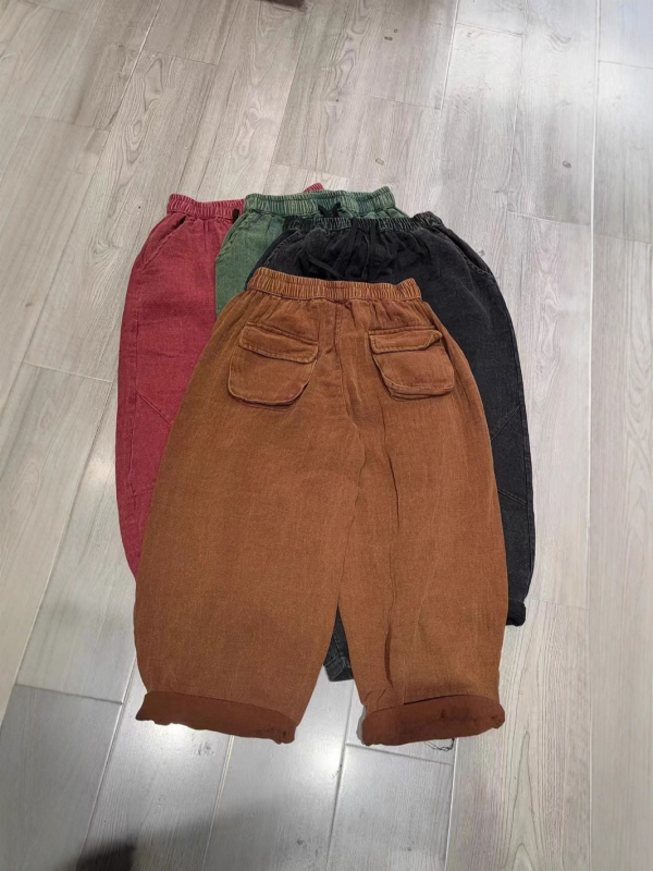 Ženske lantern hlače s višebojnim pranjem, duljina 9/10, elastični pojas, opušten kroj, vintage retro stil, plus veličina, model 8835, proljeće 2025.