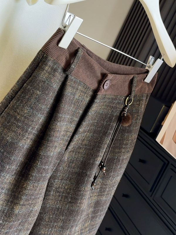Pantaloni femei din lână cu carouri, croială largă, lungime 3/4, talie înaltă, groși, iarna 2025, stil casual japonez/coreean