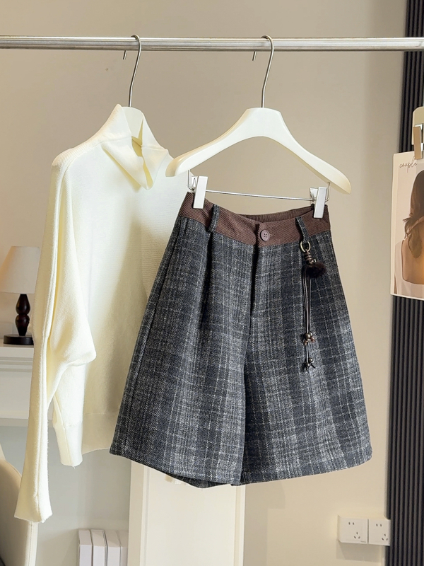 Pantaloni femei din lână cu carouri, croială largă, lungime 3/4, talie înaltă, groși, iarna 2025, stil casual japonez/coreean