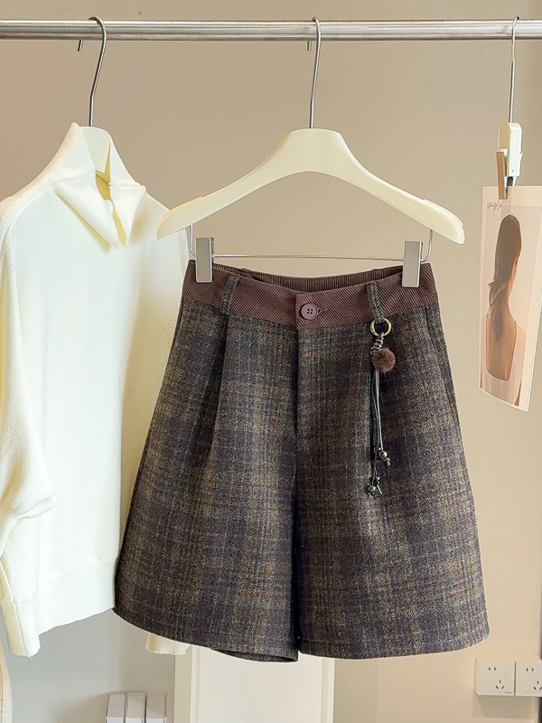 Pantaloni femei din lână cu carouri, croială largă, lungime 3/4, talie înaltă, groși, iarna 2025, stil casual japonez/coreean