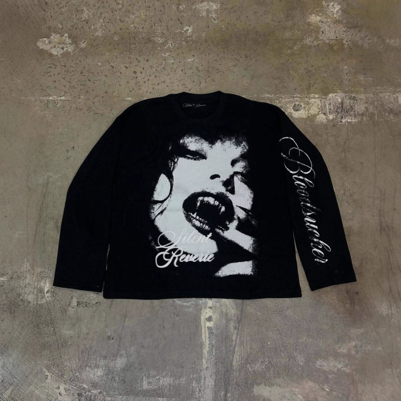 Y2K tamna streetwear majica s natpisom slovima, poliester 95%+, dugi rukavi, okrugli izrez, slobodan kroj