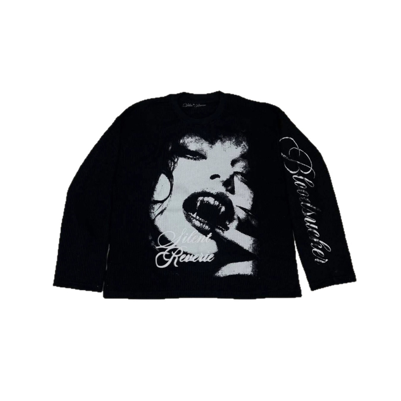 Y2K tamna streetwear majica s natpisom slovima, poliester 95%+, dugi rukavi, okrugli izrez, slobodan kroj