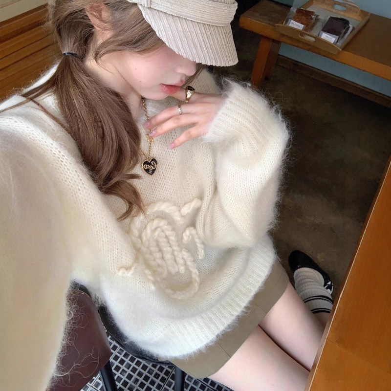 Pulover od mohera i akrila za žene - pleteni uzorak užeta, okrugli izrez, dugi rukavi, srednja debljina