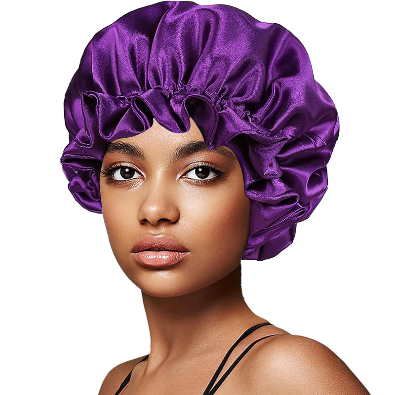 Cască de somn elastică din satin dublu strat mare, vânzare transfrontalieră, cu bor larg, cască de duș de culoare uni, cască de înfrumusețare și păr en-gros