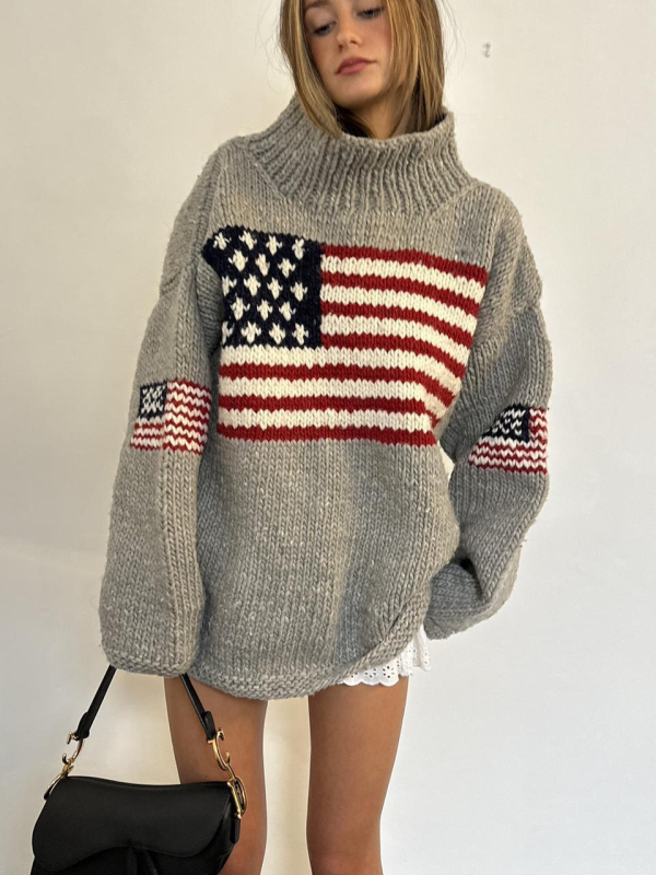 Sviter s geometrijskim jacquard uzorkom, poliester tkanina, srednja debljina, visoki ovratnik, dugi rukavi