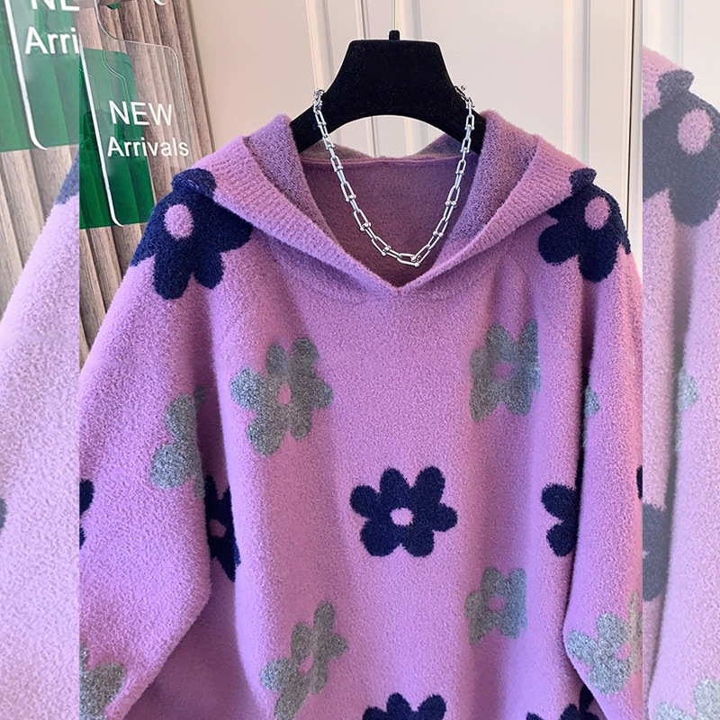 Ženski džemper s kapuljom i cvjetnim uzorkom, udoban kroj, 70–80% viskoza, gusta tkanina, preko glave