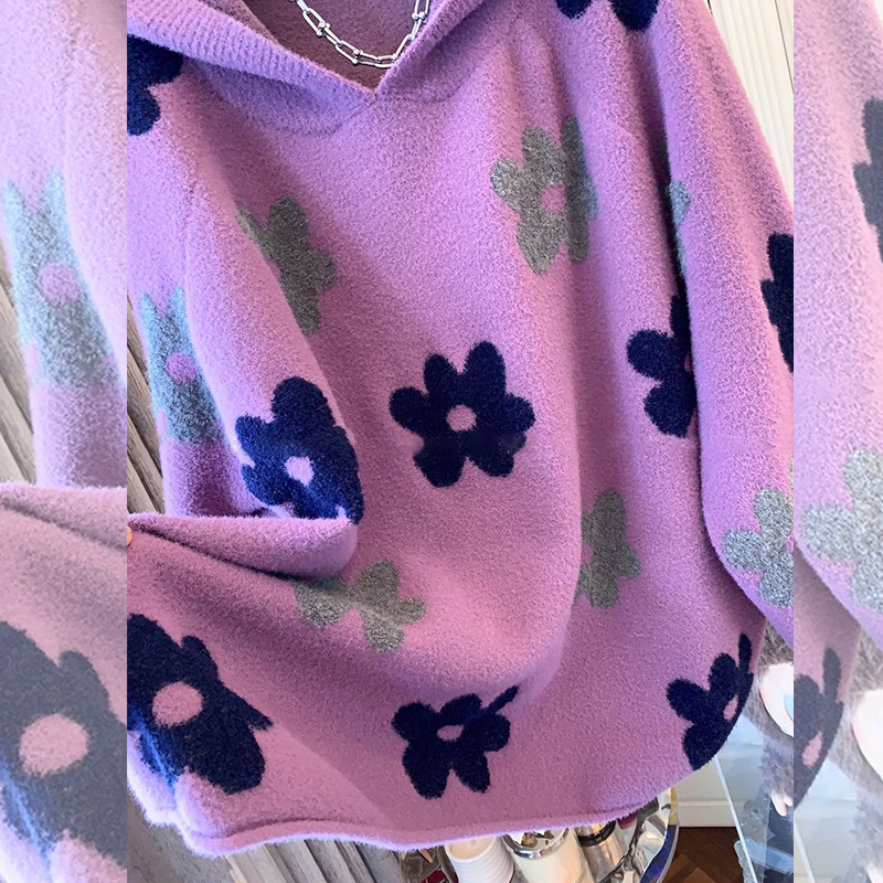 Ženski džemper s kapuljom i cvjetnim uzorkom, udoban kroj, 70–80% viskoza, gusta tkanina, preko glave