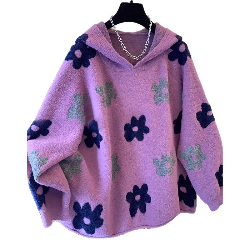 Ženski džemper s kapuljom i cvjetnim uzorkom, udoban kroj, 70–80% viskoza, gusta tkanina, preko glave