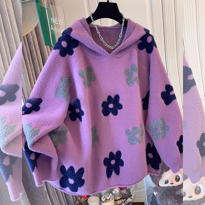 Ženski džemper s kapuljom i cvjetnim uzorkom, udoban kroj, 70–80% viskoza, gusta tkanina, preko glave