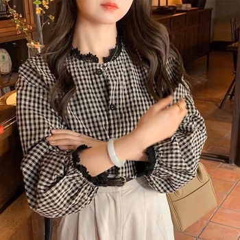 Košulja s kariranim uzorkom, francuski stil retro, okrugli izrez, širok kroj, poliester