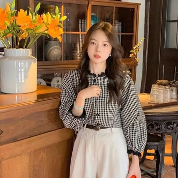 Košulja s kariranim uzorkom, francuski stil retro, okrugli izrez, širok kroj, poliester