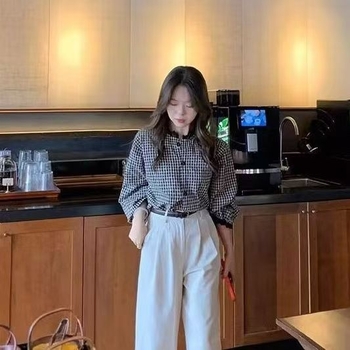 Košulja s kariranim uzorkom, francuski stil retro, okrugli izrez, širok kroj, poliester