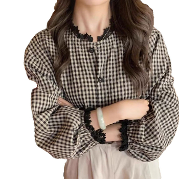 Košulja s kariranim uzorkom, francuski stil retro, okrugli izrez, širok kroj, poliester