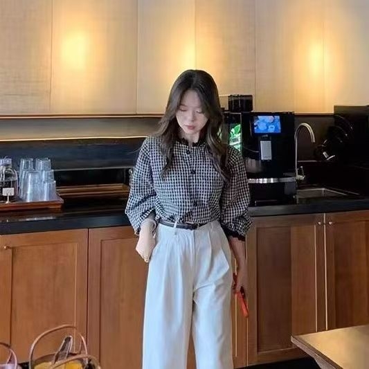 Košulja s kariranim uzorkom, francuski stil retro, okrugli izrez, širok kroj, poliester