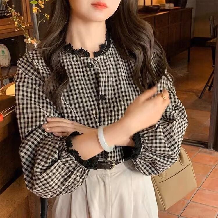 Košulja s kariranim uzorkom, francuski stil retro, okrugli izrez, širok kroj, poliester