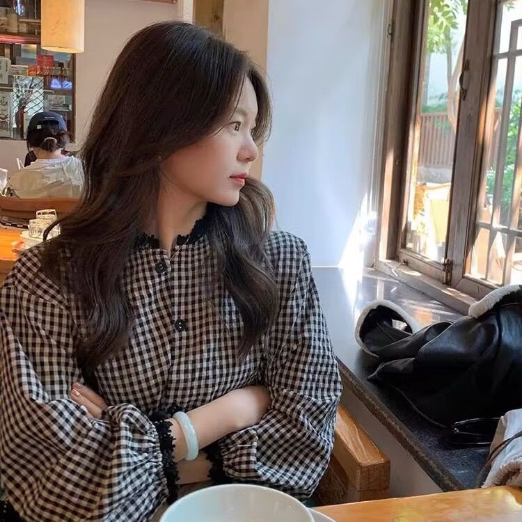 Košulja s kariranim uzorkom, francuski stil retro, okrugli izrez, širok kroj, poliester