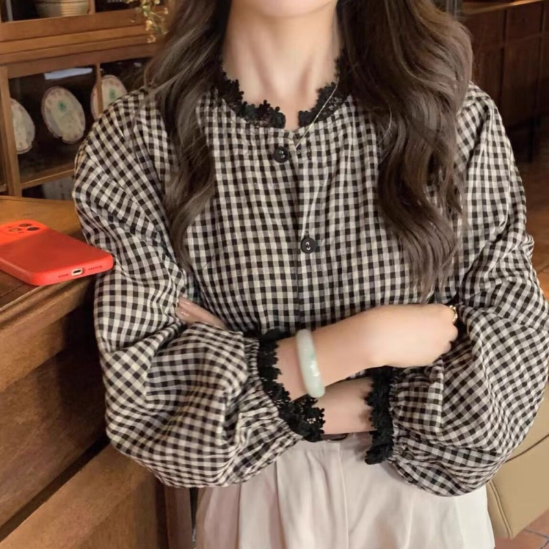 Košulja s kariranim uzorkom, francuski stil retro, okrugli izrez, širok kroj, poliester