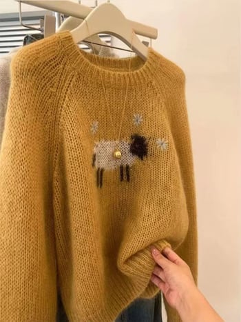 Pulover cu guler rotund, model jacquard cu desene animate, lână 50–70%, croială lejeră, iarnă 2025