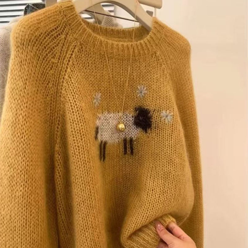 Pulover cu guler rotund, model jacquard cu desene animate, lână 50–70%, croială lejeră, iarnă 2025