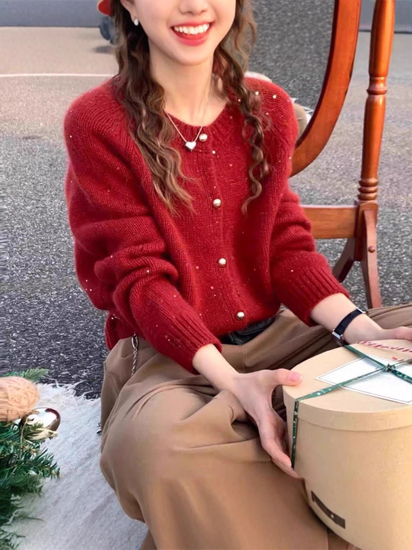 Ženski ležerni kardigan-sviter s kružnim izrezom i poliester-spandeks mješavina