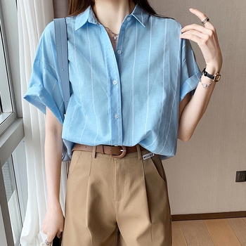 Cămașă stil coreean, croială lejeră, mâneci lungi, fără guler, poliester