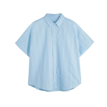 Cămașă stil coreean, croială lejeră, mâneci lungi, fără guler, poliester