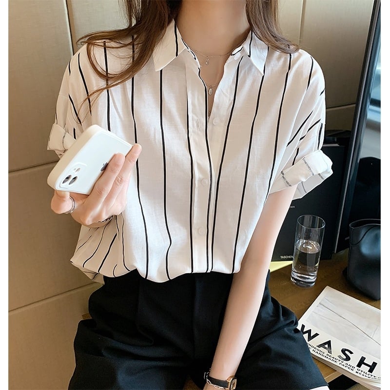 Cămașă stil coreean, croială lejeră, mâneci lungi, fără guler, poliester
