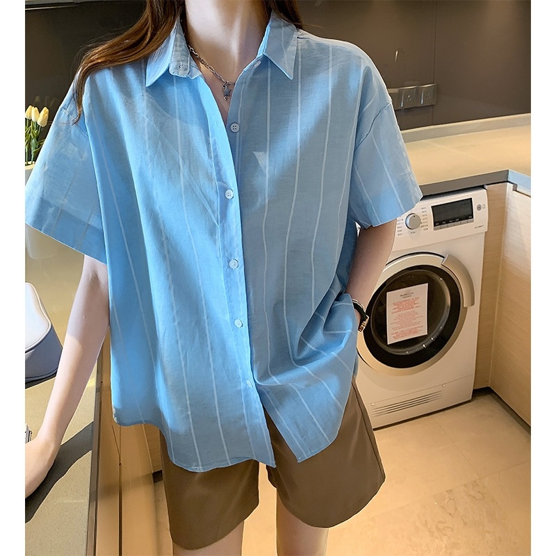 Cămașă stil coreean, croială lejeră, mâneci lungi, fără guler, poliester