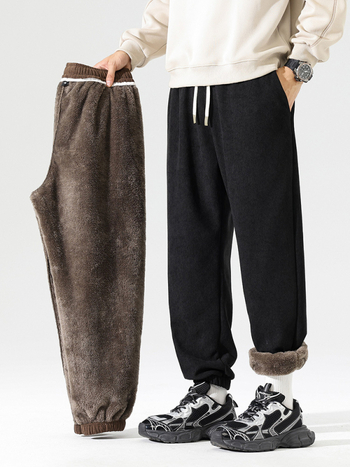 Kordurove široke hlače s flis podstavom, visokim strukom, jednobojne, zima