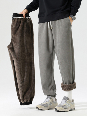 Kordurove široke hlače s flis podstavom, visokim strukom, jednobojne, zima