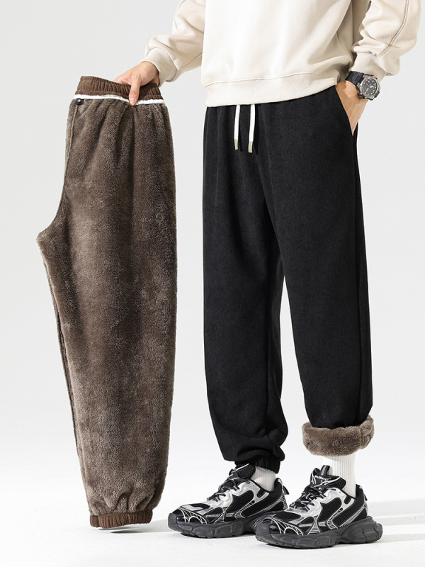 Kordurove široke hlače s flis podstavom, visokim strukom, jednobojne, zima