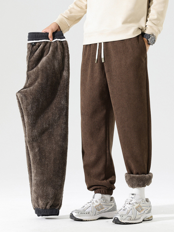 Kordurove široke hlače s flis podstavom, visokim strukom, jednobojne, zima