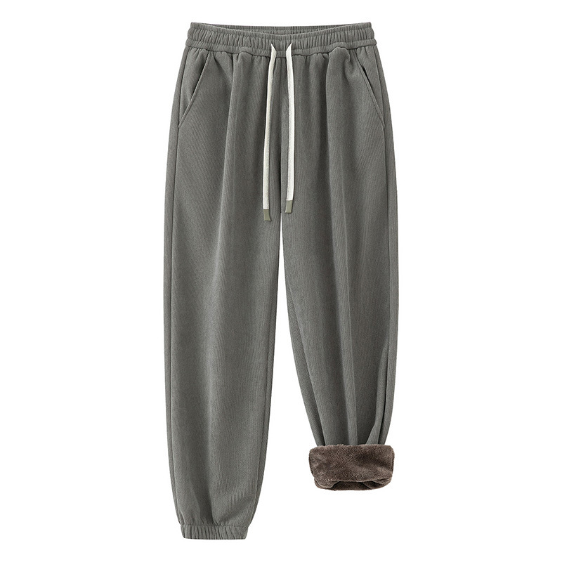 Kordurove široke hlače s flis podstavom, visokim strukom, jednobojne, zima