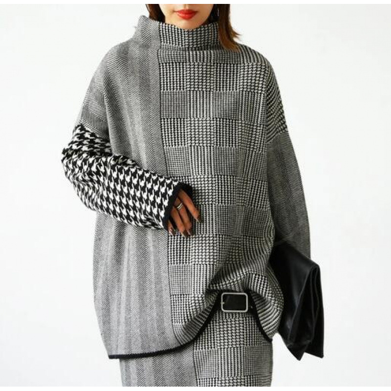 Pulover tricotat pentru femei, cu guler înalt, gros, croială lejeră, design patchwork, din fibră acrilică 95%+