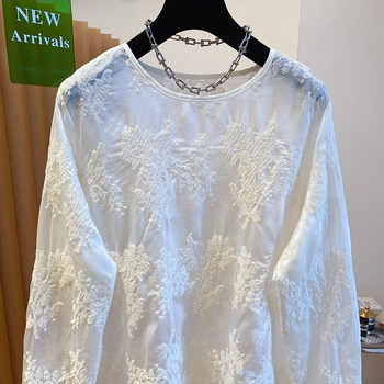 Cardigan od chenille s čipkastom izvezenom, elastični spandex, okrugli izrez, dugi rukavi, slobodan kroj