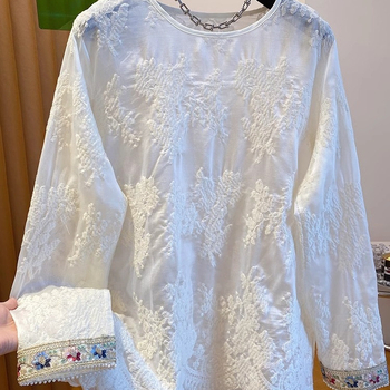 Cardigan od chenille s čipkastom izvezenom, elastični spandex, okrugli izrez, dugi rukavi, slobodan kroj