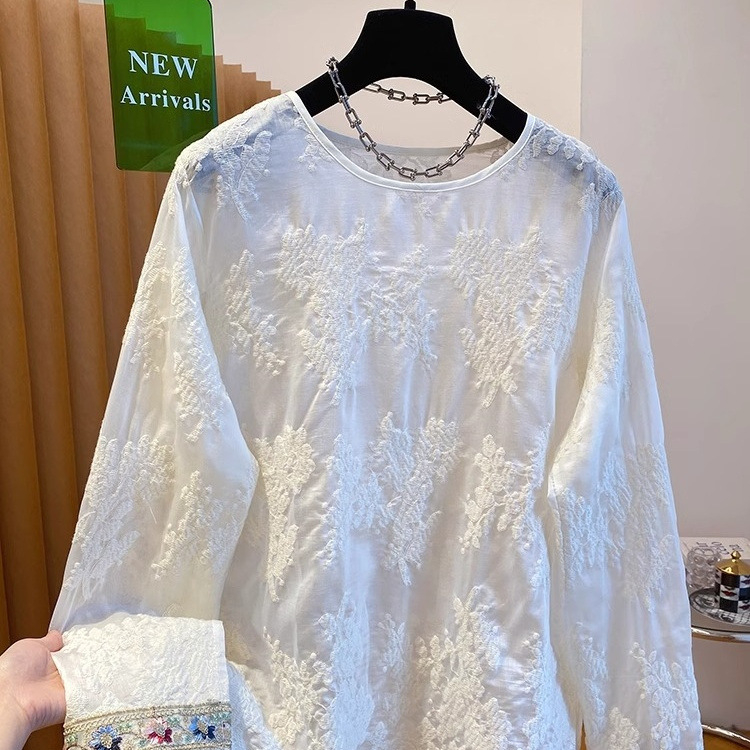 Cardigan od chenille s čipkastom izvezenom, elastični spandex, okrugli izrez, dugi rukavi, slobodan kroj