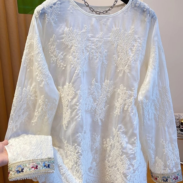 Cardigan od chenille s čipkastom izvezenom, elastični spandex, okrugli izrez, dugi rukavi, slobodan kroj