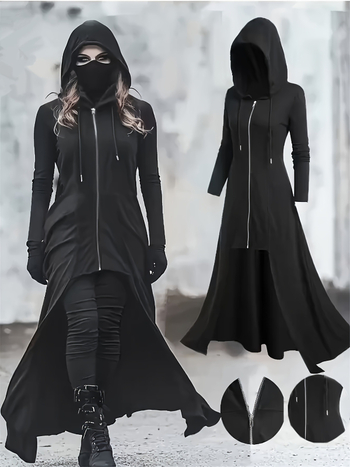 Haljina-kaput s kapuljačom, gotički stil, dugi rukavi, zip, poliester, proljeće 2025