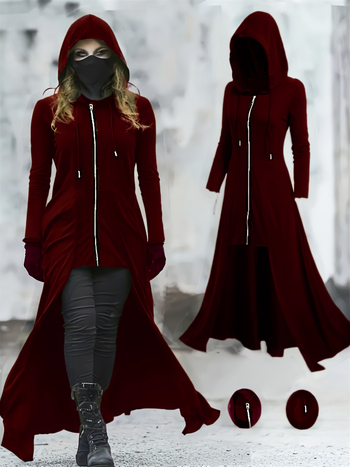 Haljina-kaput s kapuljačom, gotički stil, dugi rukavi, zip, poliester, proljeće 2025