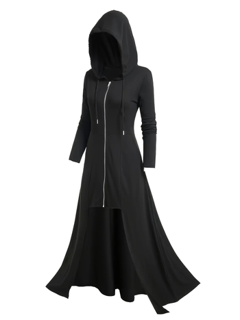 Haljina-kaput s kapuljačom, gotički stil, dugi rukavi, zip, poliester, proljeće 2025