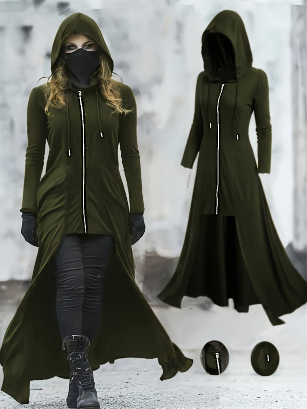 Haljina-kaput s kapuljačom, gotički stil, dugi rukavi, zip, poliester, proljeće 2025