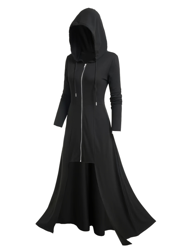 Haljina-kaput s kapuljačom, gotički stil, dugi rukavi, zip, poliester, proljeće 2025