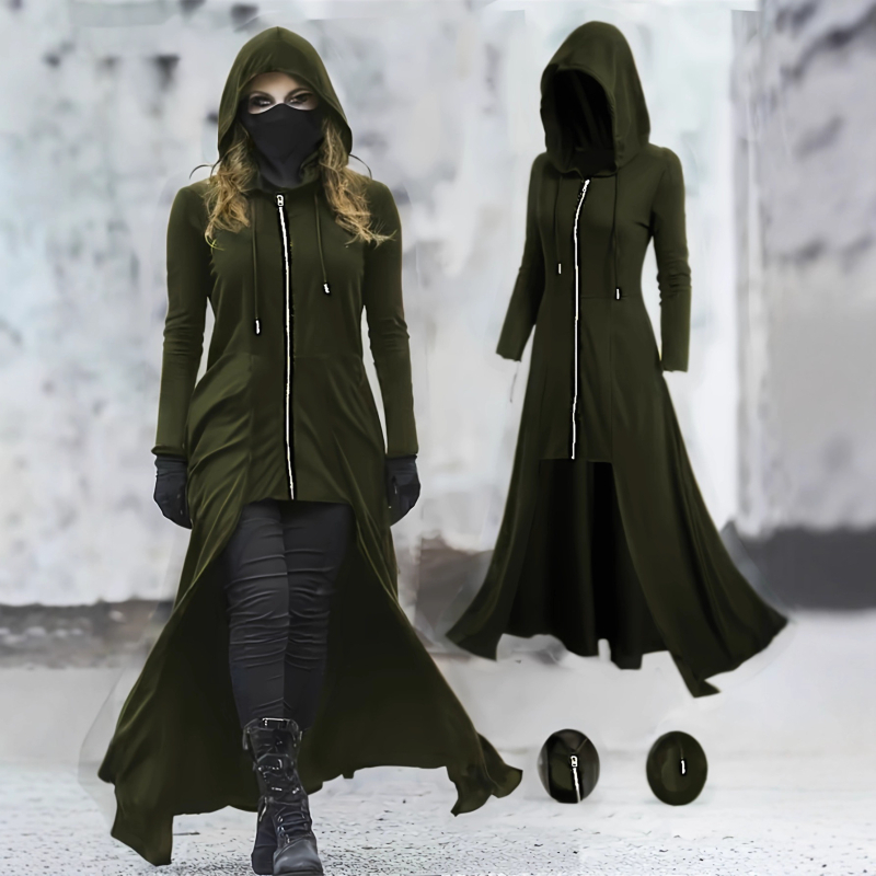 Haljina-kaput s kapuljačom, gotički stil, dugi rukavi, zip, poliester, proljeće 2025