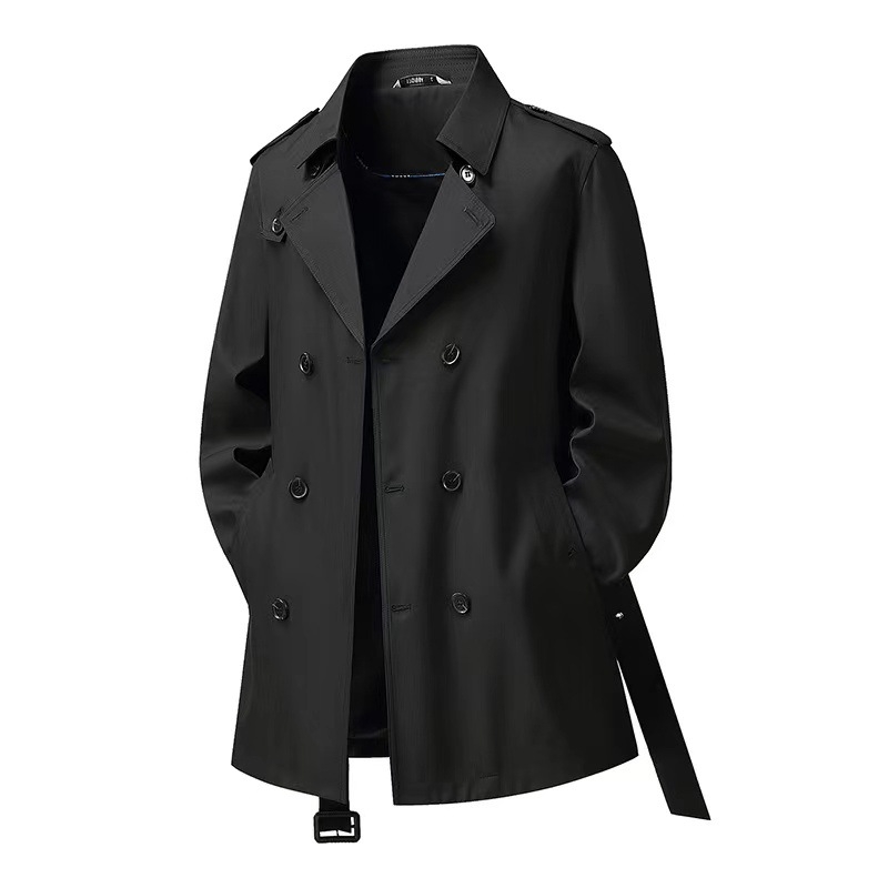 Muški kaput s dvostrukim kopčanjem, rever, pojas, srednja duljina, glavna tkanina: kunićna dlaka