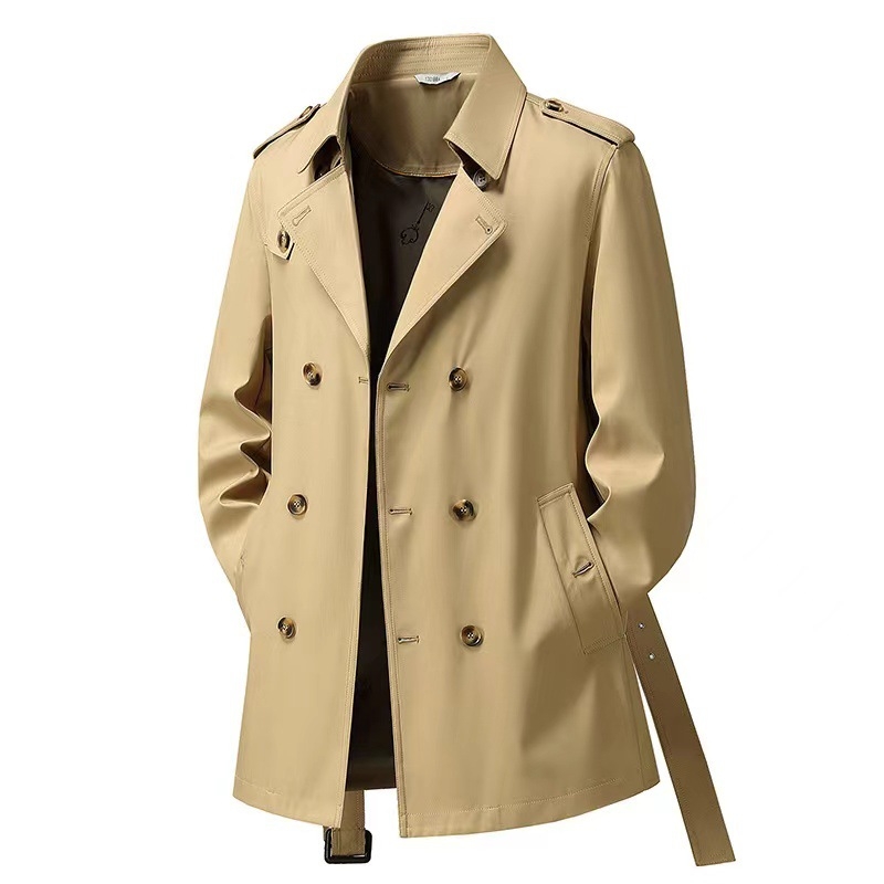 Muški kaput s dvostrukim kopčanjem, rever, pojas, srednja duljina, glavna tkanina: kunićna dlaka