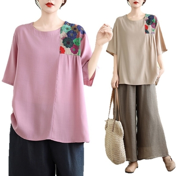 Къс ръкав топ с свободен силует, пачворк дизайн, памук-полиестер смес със спандекс, ръкави 5/4, качулково закопчаване