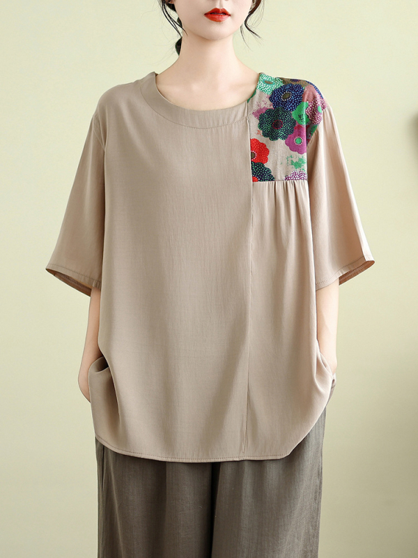 Къс ръкав топ с свободен силует, пачворк дизайн, памук-полиестер смес със спандекс, ръкави 5/4, качулково закопчаване